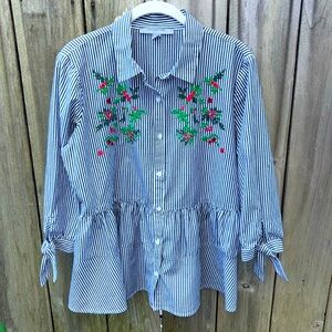 Marc New York Stripe Embroidered Floral Peplum Top Blouse Women’s Size Medium